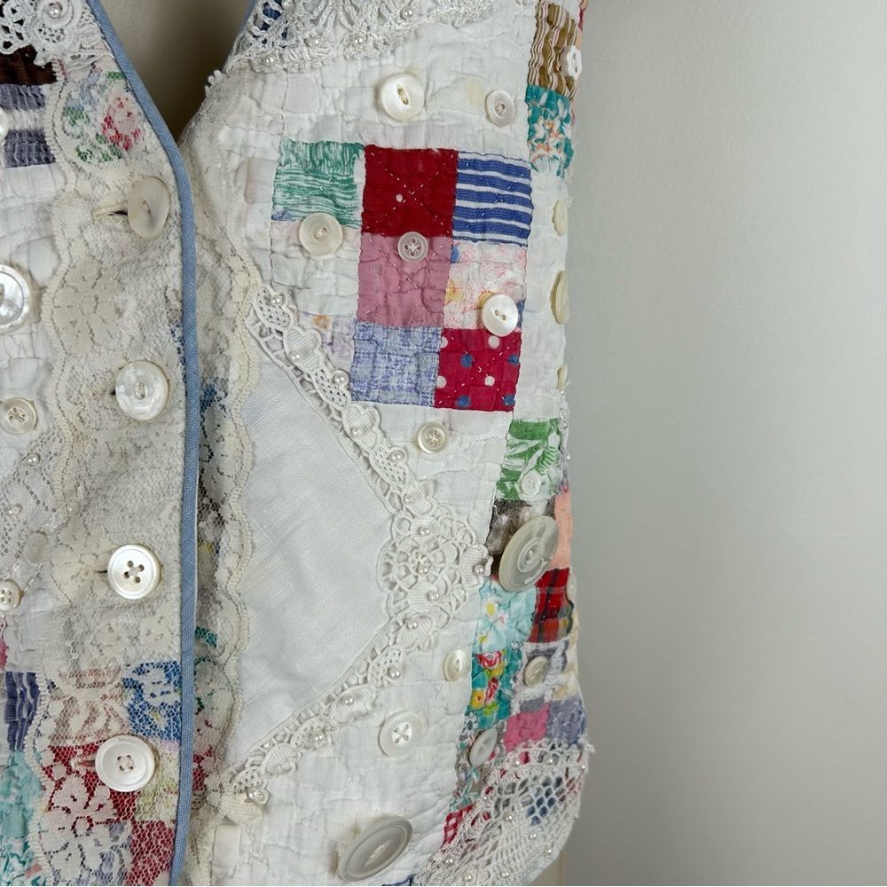 Vintage Patchwork Lace Button Quilt Vest Sz M Cot… - image 5